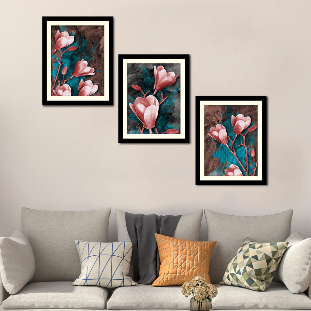 VIBECRAFTS Tulips Flower Decorative Wall Frames Set of 3 For Office Digital Reprint Posters with Synthetic Wooden Frame Home, Office Decorative Gift Item(15 inch x 12 inch)(PFVC3Pcs4_1318)