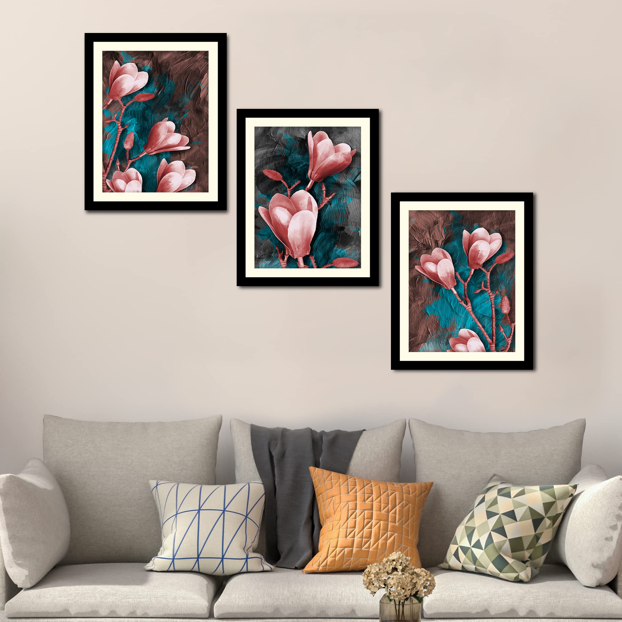 VIBECRAFTS Tulips Flower Decorative Wall Frames Set of 3 For Office Digital Reprint Posters with Synthetic Wooden Frame Home, Office Decorative Gift Item(15 inch x 12 inch)(PFVC3Pcs4_1318)