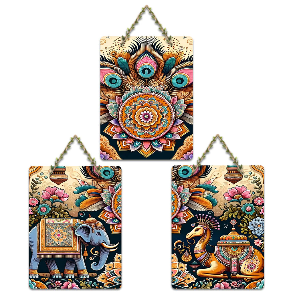 Artvibes Royal Rides Kalamkari Art Decorative Wall Art MDF Wooden Wall Hanger for Home | Room Decoration | Handcrafted Art | Wall Illustrations | Artworks Hangings | Gift Items (WH_96167N), Set of 3