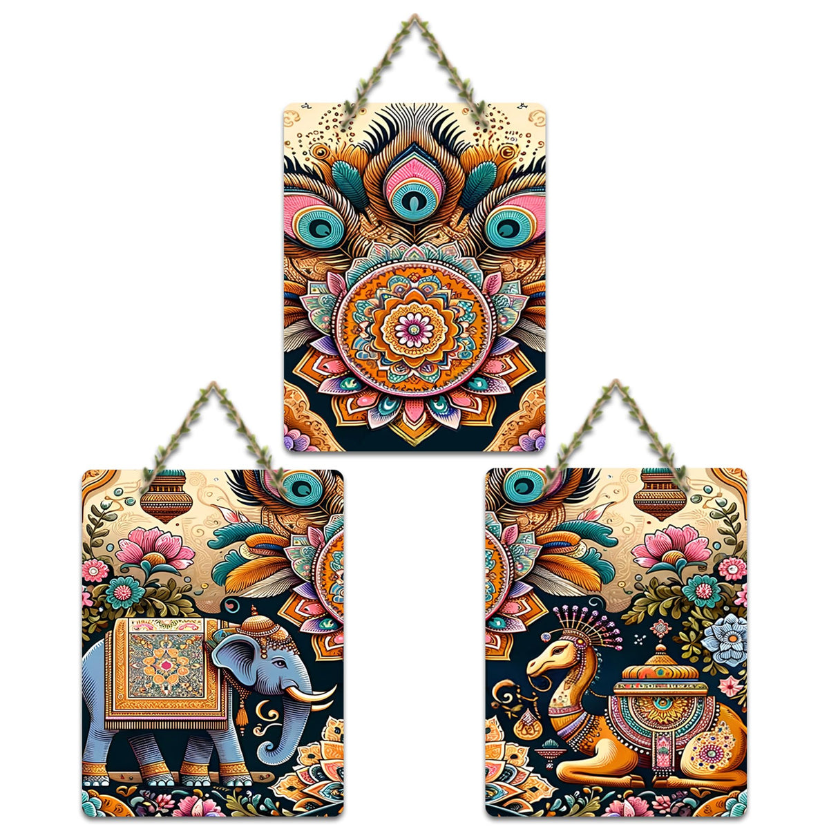 Artvibes Royal Rides Kalamkari Art Decorative Wall Art MDF Wooden Wall Hanger for Home | Room Decoration | Handcrafted Art | Wall Illustrations | Artworks Hangings | Gift Items (WH_96167N), Set of 3