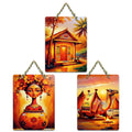 Artvibes Desert Sunset & Village Life Traditional Indian Modern Traditional Indian Art Wooden Art Decoration Item for Living Room | Home Decor | Wall Illustrations | Ideal Gifts (WH_9635N), Set of 3