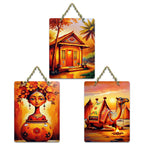 Artvibes Desert Sunset & Village Life Traditional Indian Modern Traditional Indian Art Wooden Art Decoration Item for Living Room | Home Decor | Wall Illustrations | Ideal Gifts (WH_9635N), Set of 3