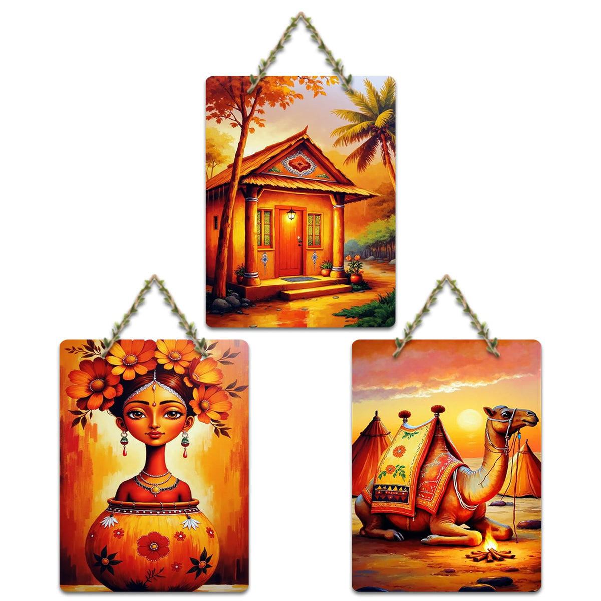 Artvibes Desert Sunset & Village Life Traditional Indian Modern Traditional Indian Art Wooden Art Decoration Item for Living Room | Home Decor | Wall Illustrations | Ideal Gifts (WH_9635N), Set of 3