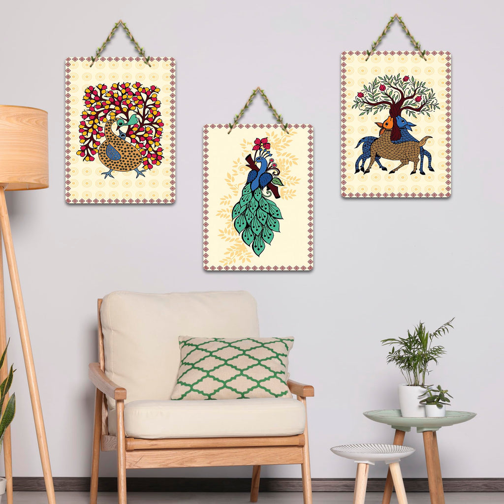 Artvibes Aesthetic Peacock & Tree Classical Art Decorative Wooden Wall Hanging For Living Room | Printed Wall Decoration | Graphic Artwork | Wall Illustrations | Gift Items (WH_9687N), Set of 3