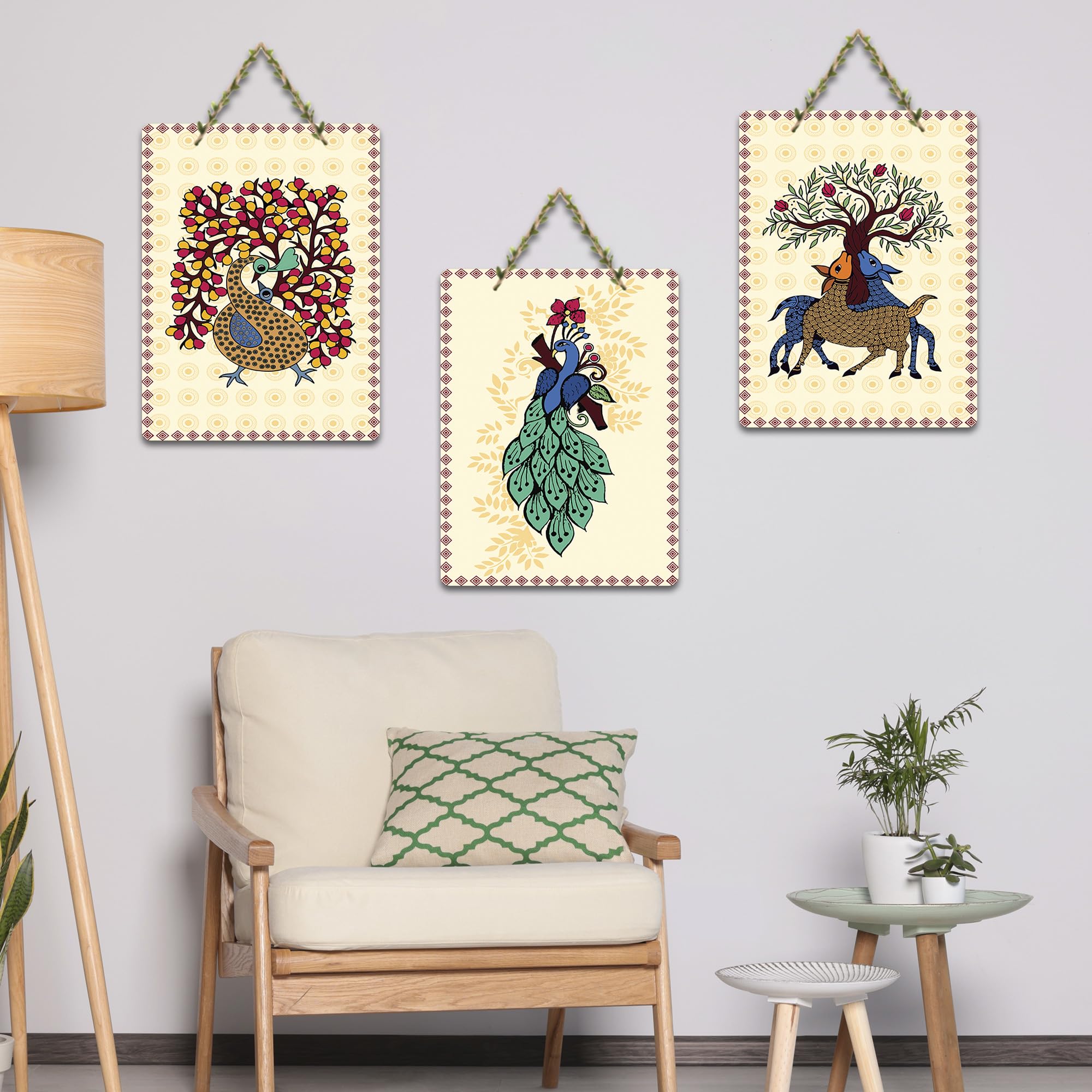 Artvibes Aesthetic Peacock & Tree Classical Art Decorative Wooden Wall Hanging For Living Room | Printed Wall Decoration | Graphic Artwork | Wall Illustrations | Gift Items (WH_9687N), Set of 3