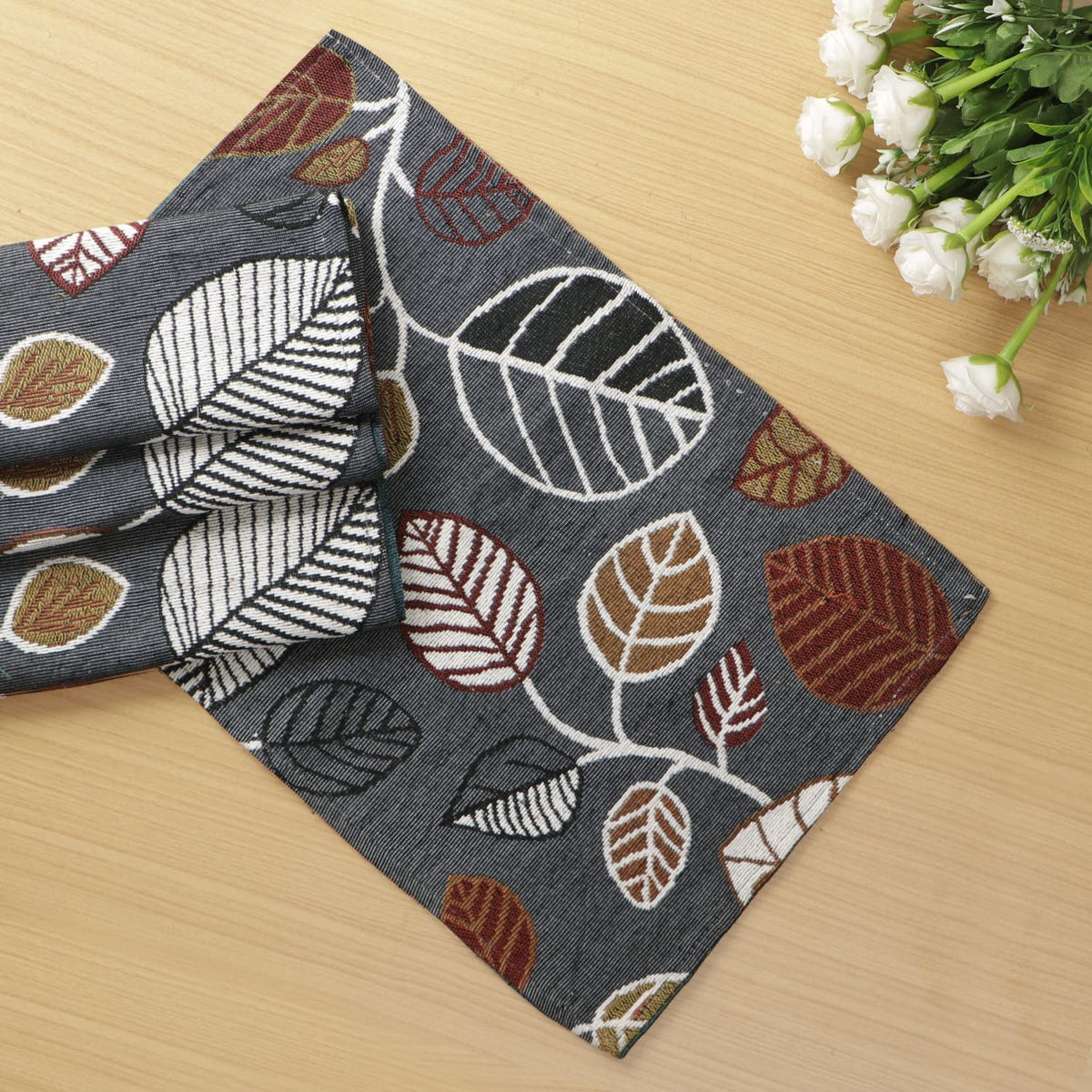 HOKIPO Cotton Jacquard Dinner Table Placemats Set of 4 (12x18 Inches) (IN-530-D5*4) Grey Leaves Kafalo
