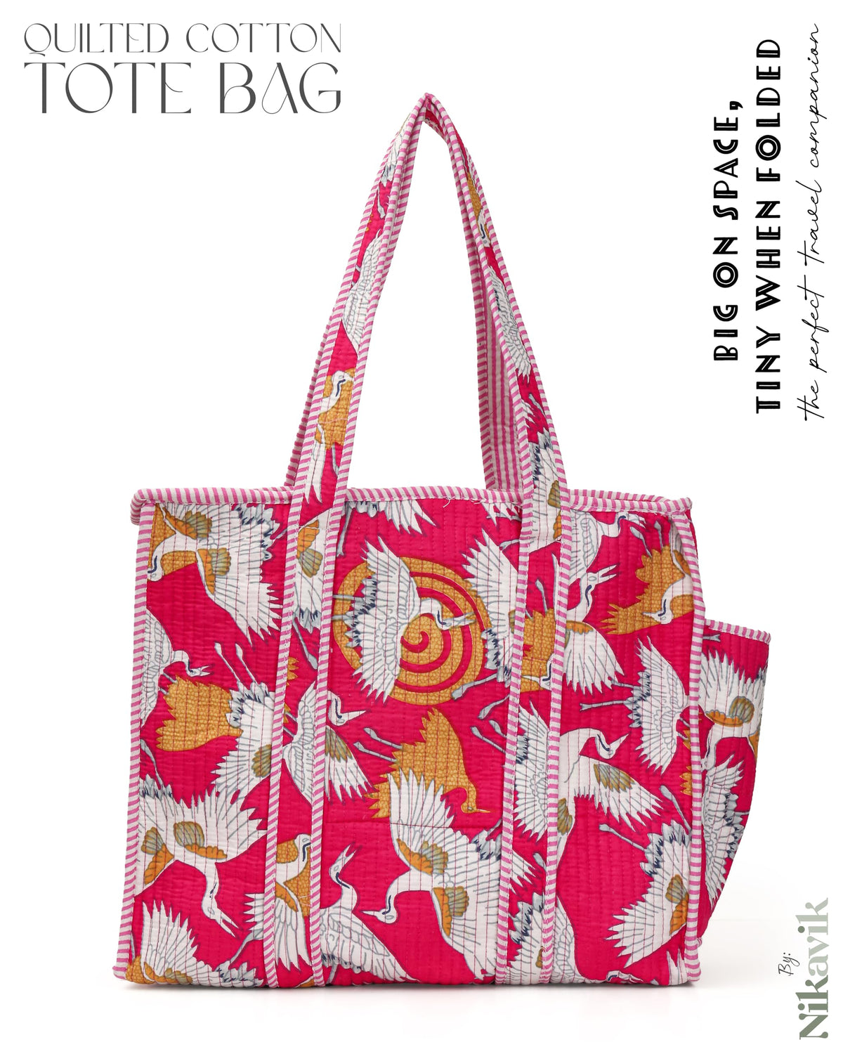 NIKAVIK Quilted Cotton Tote bag – Exotic Animal Print Foldable and Ideal for Travel Shopping Beach Trips or Daily Essentials (Pink Bird)