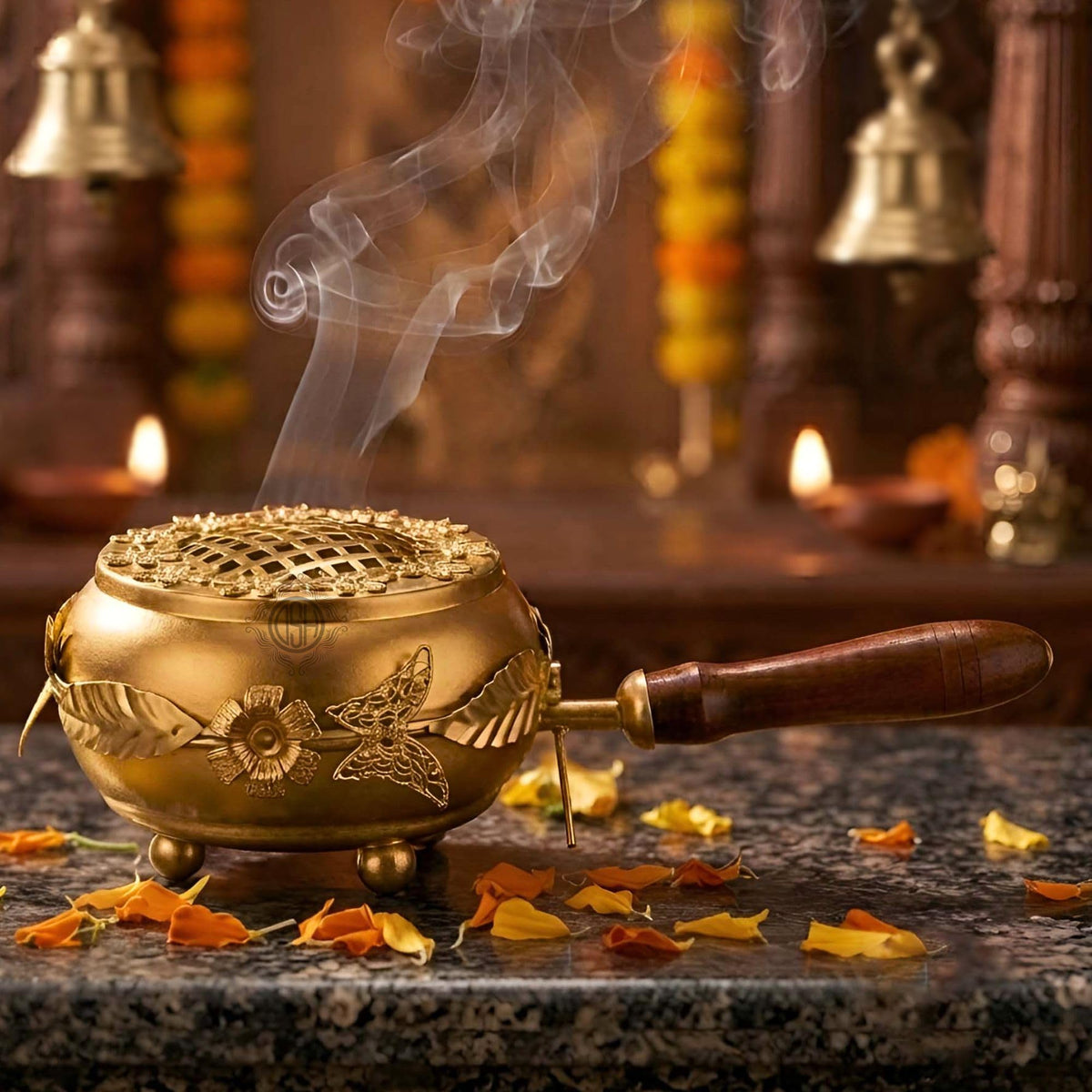 DSH Home Purifying Incense Burner Loban Burner with Wooden Handle Dhoop Dhuni Burner Home Office Temple Prayer Butler.(L-7)