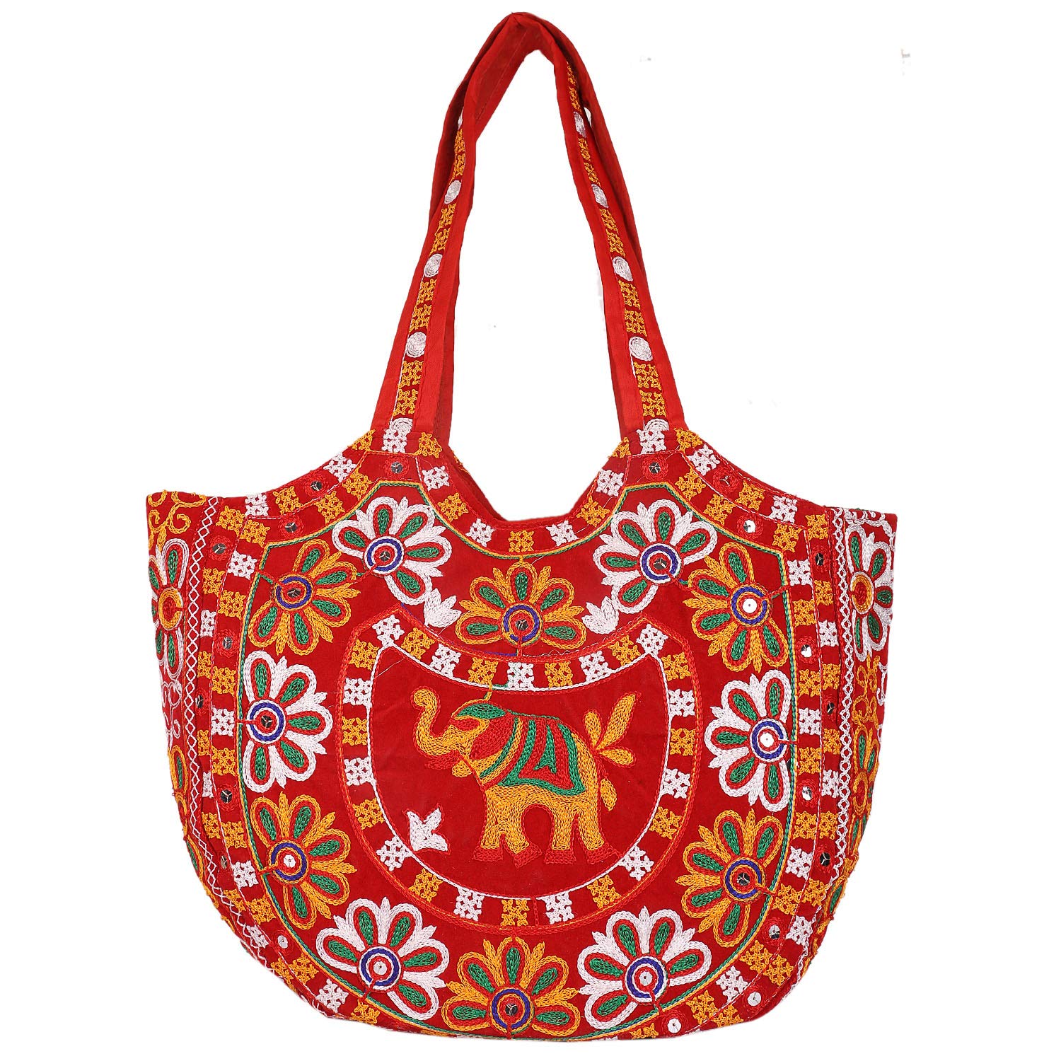 Craft Trade Women's Cotton Tote Bag with Zip 46x30x12 Cm Embroidered Shopping Bag Elephant Design - Red