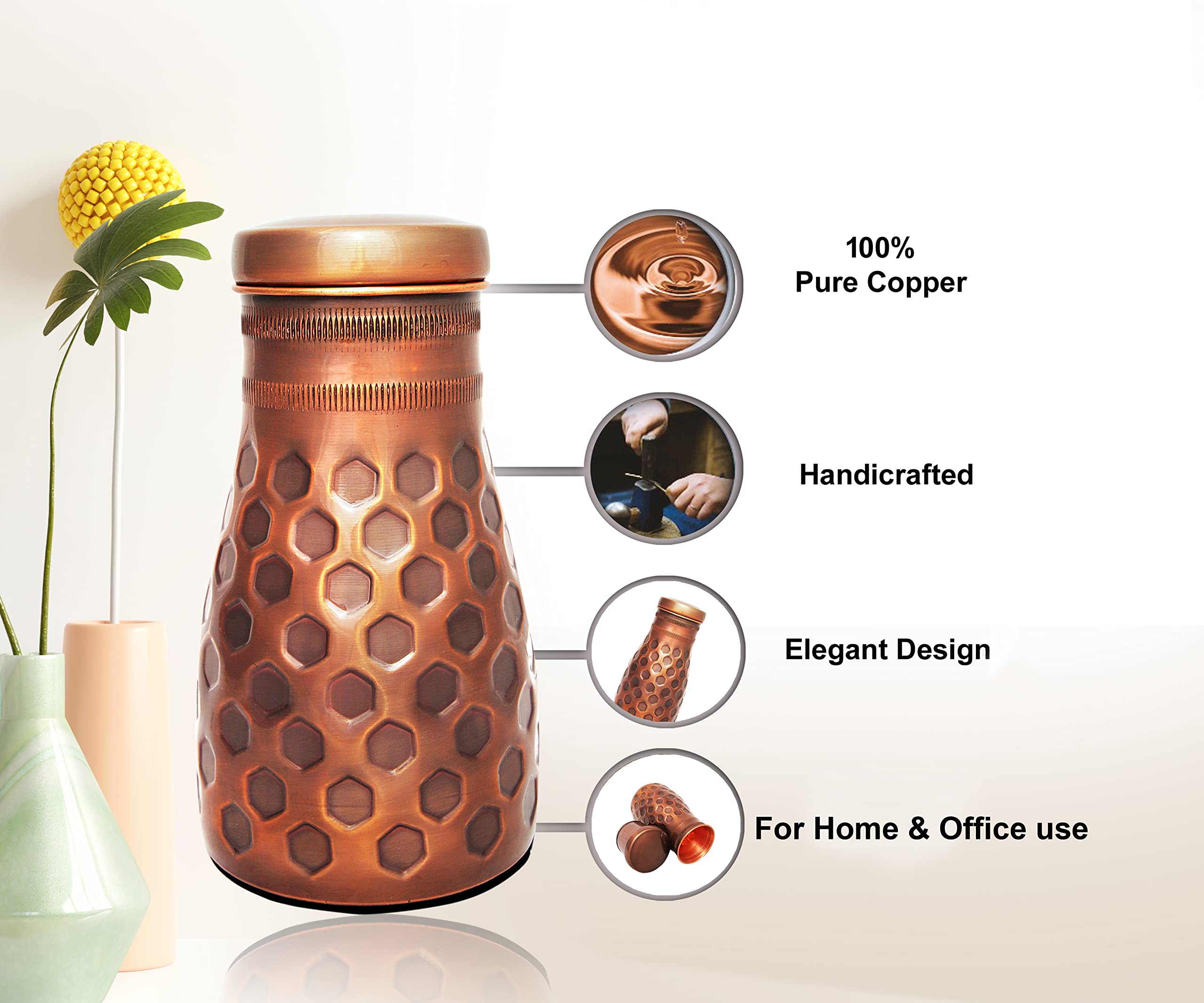 Tambra Copper Bedroom Jar with Inbuilt Glass | Rarity Diamond Design | Handcrafted, Leakproof, Jointless | Ayurvedic Benefits, Antioxidant Properties | 1200 ml (Pack of 2)