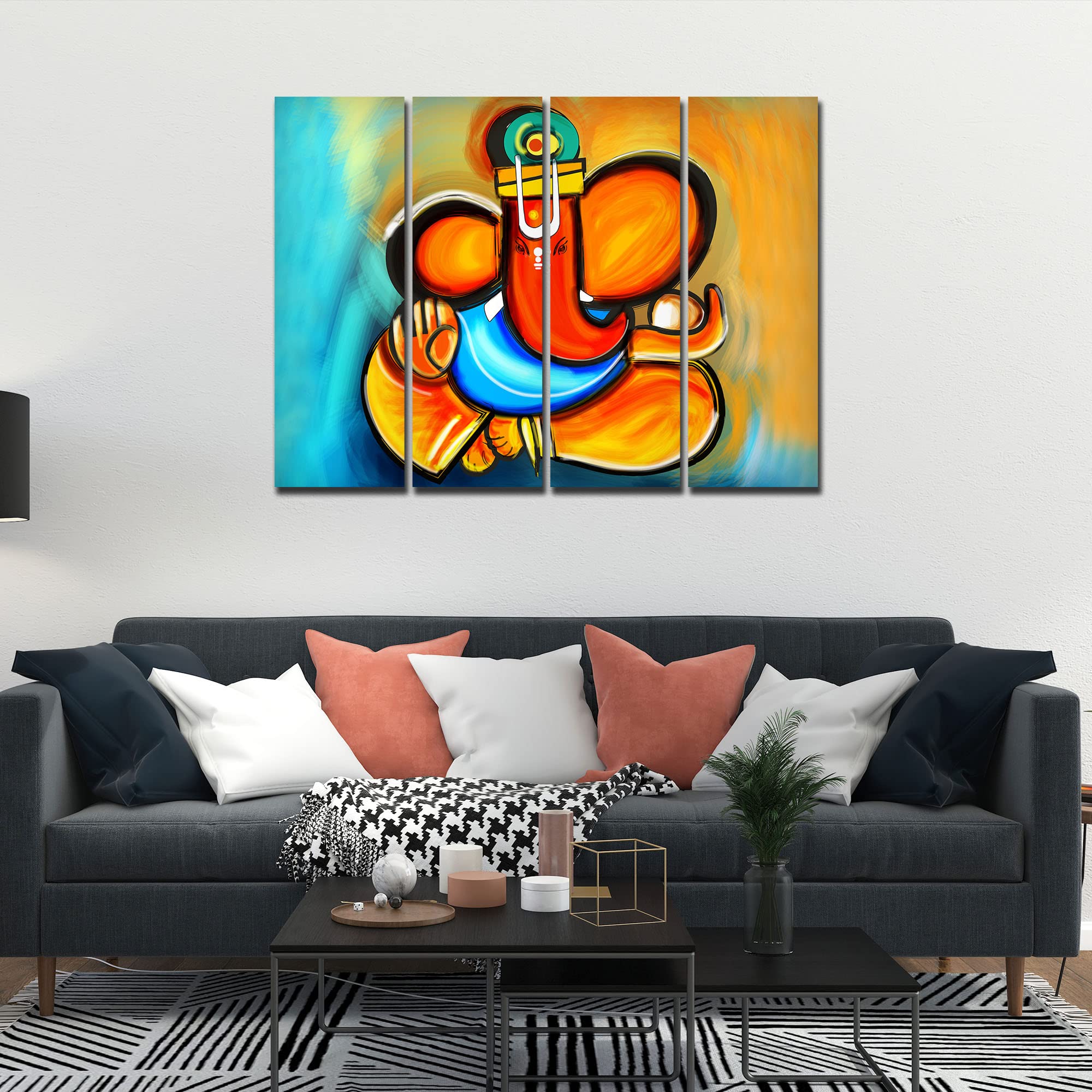 VIBECRAFTS 4 Pieces Ganesha Canvas Wall Painting Fitted With Wooden Frame For Home | Office | Living Room | Gift(PTVC4Pcs1_13517)