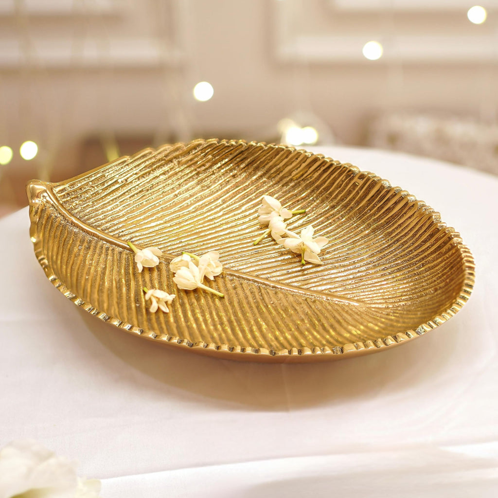 BEHOMA Metal Leaf Shape Tray for Home Decor, Medium, Golden