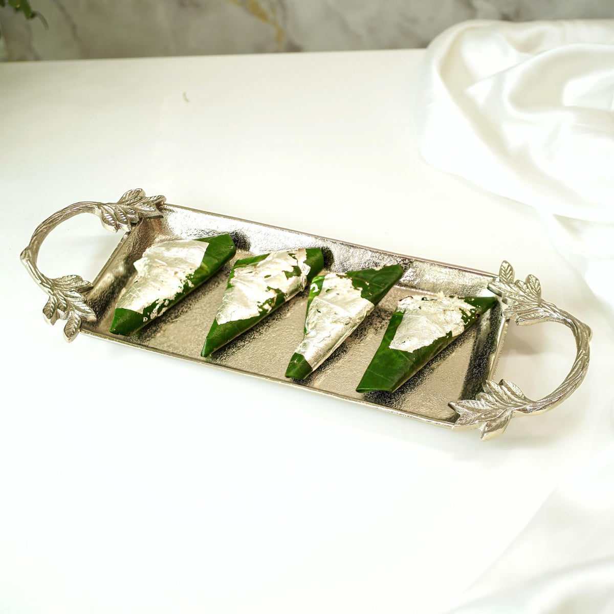 BEHOMA Metal Silver Serving Tray with Leaf Handles -16.7 Inch