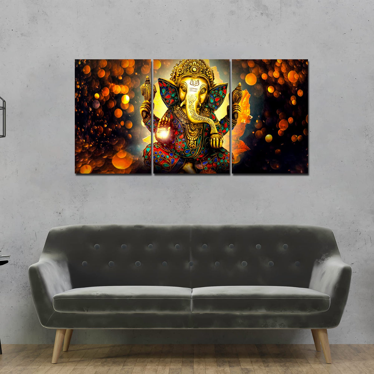 VIBECRAFTS 3 Pieces Beautiful Ganesha Canvas Wall Painting Fitted With Wooden Frame For Home | Office | Living Room | Gifts(PTVC3Pcs3_11510)
