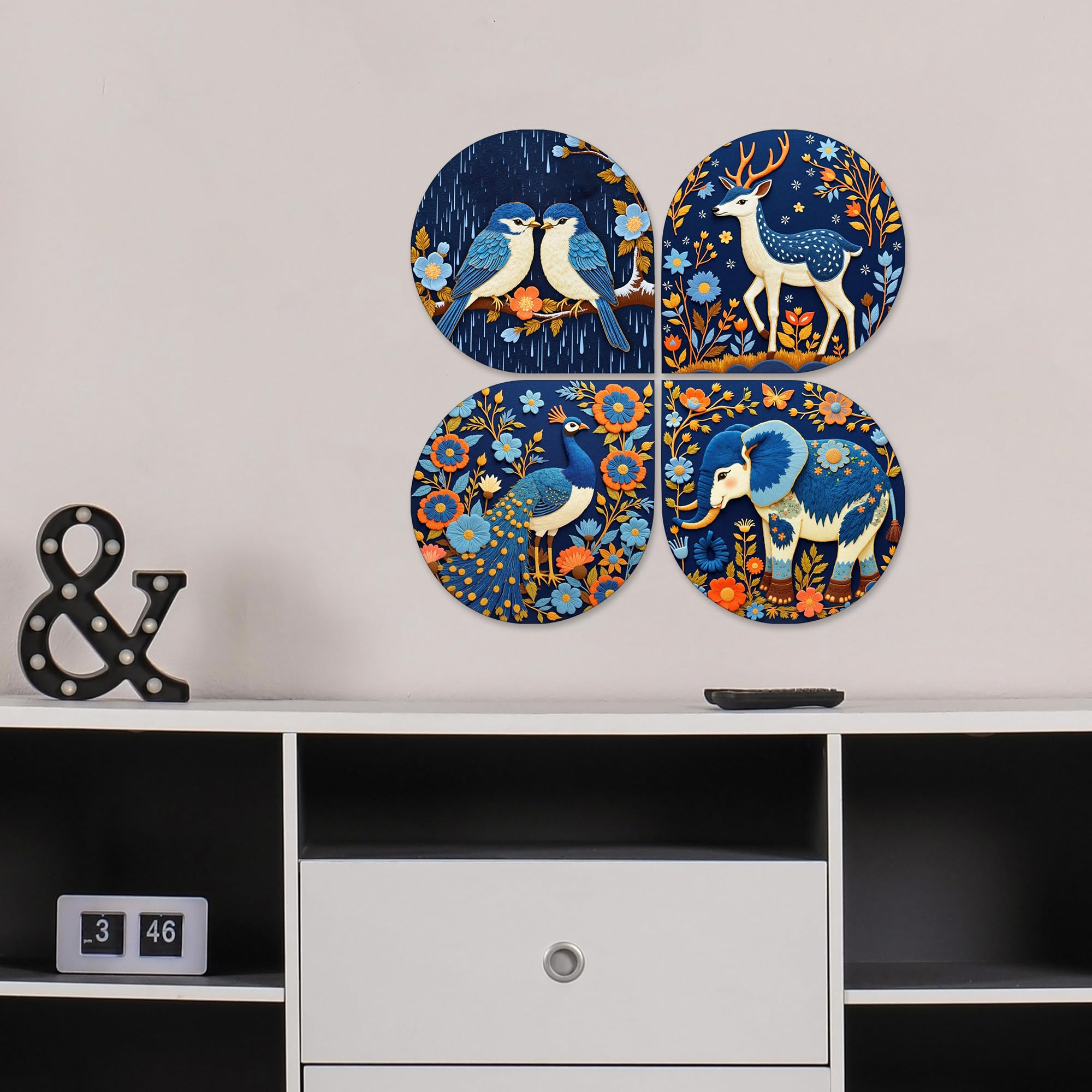 Artvibes Floral Animal Decorative Wall Art MDF Wooden Wall Hanger for Living Room | Room Decoration | Handcrafted Art | Aesthetic Wooden Decor | Artworks Hangings | Ideal Gifts (WH_8444N), Set of 4