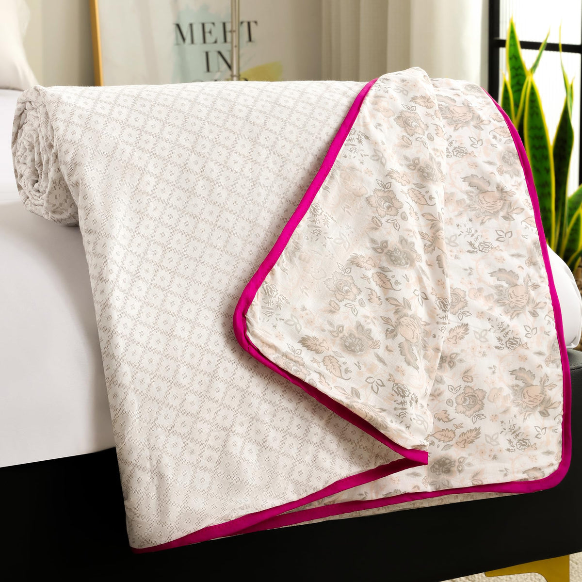 Story@Home Dohar Double Bed Cotton 100% | Blanket 150GSM Quilt | 225 x240 cm Reversible and Cozy AC Blanket for Summer | White & Baby Pink | Geometric Design Duvet | All-Season Blanket Kafalo