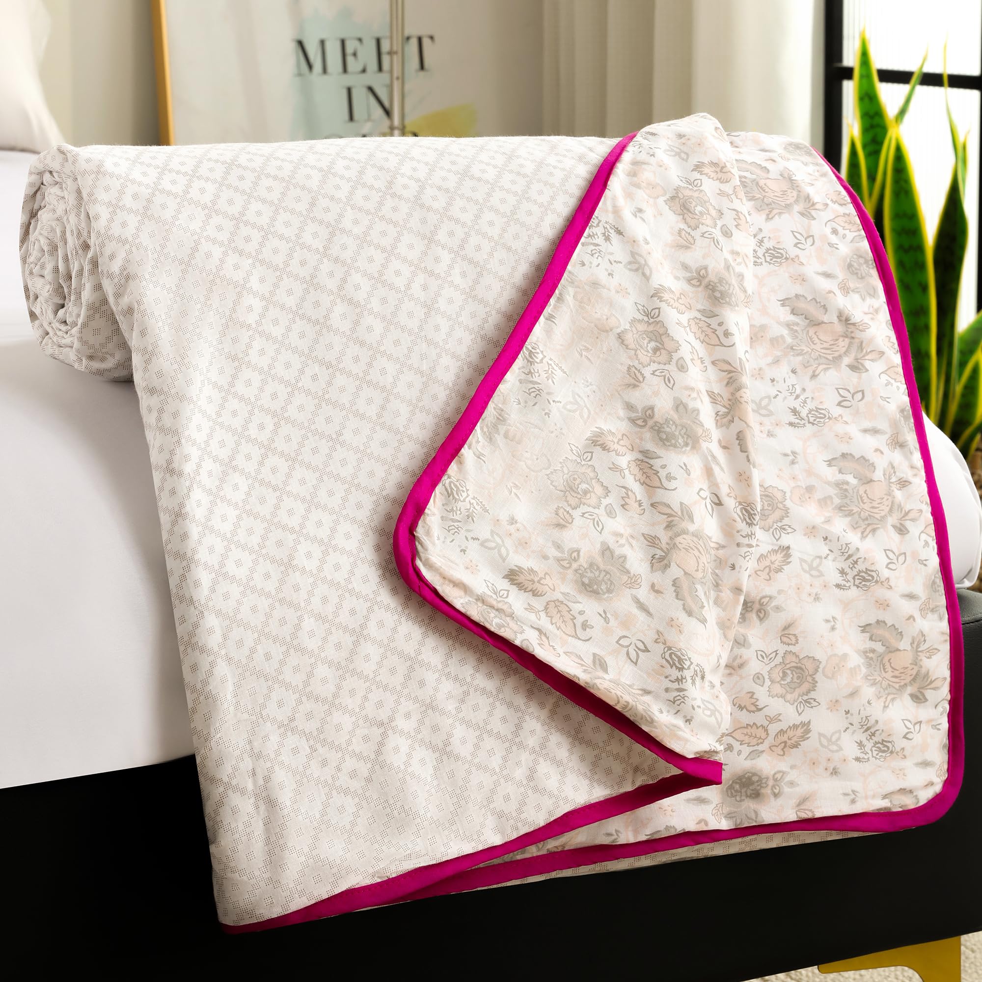 Story@Home Dohar Single Bed Cotton AC Blanket for Summer 144x220CM, 150GSM Ac Comforter and AC Blanket for Summer|Baby Pink & White Floral Pattern Reversible Duvet Quilt, All-Season Blanket Kafalo