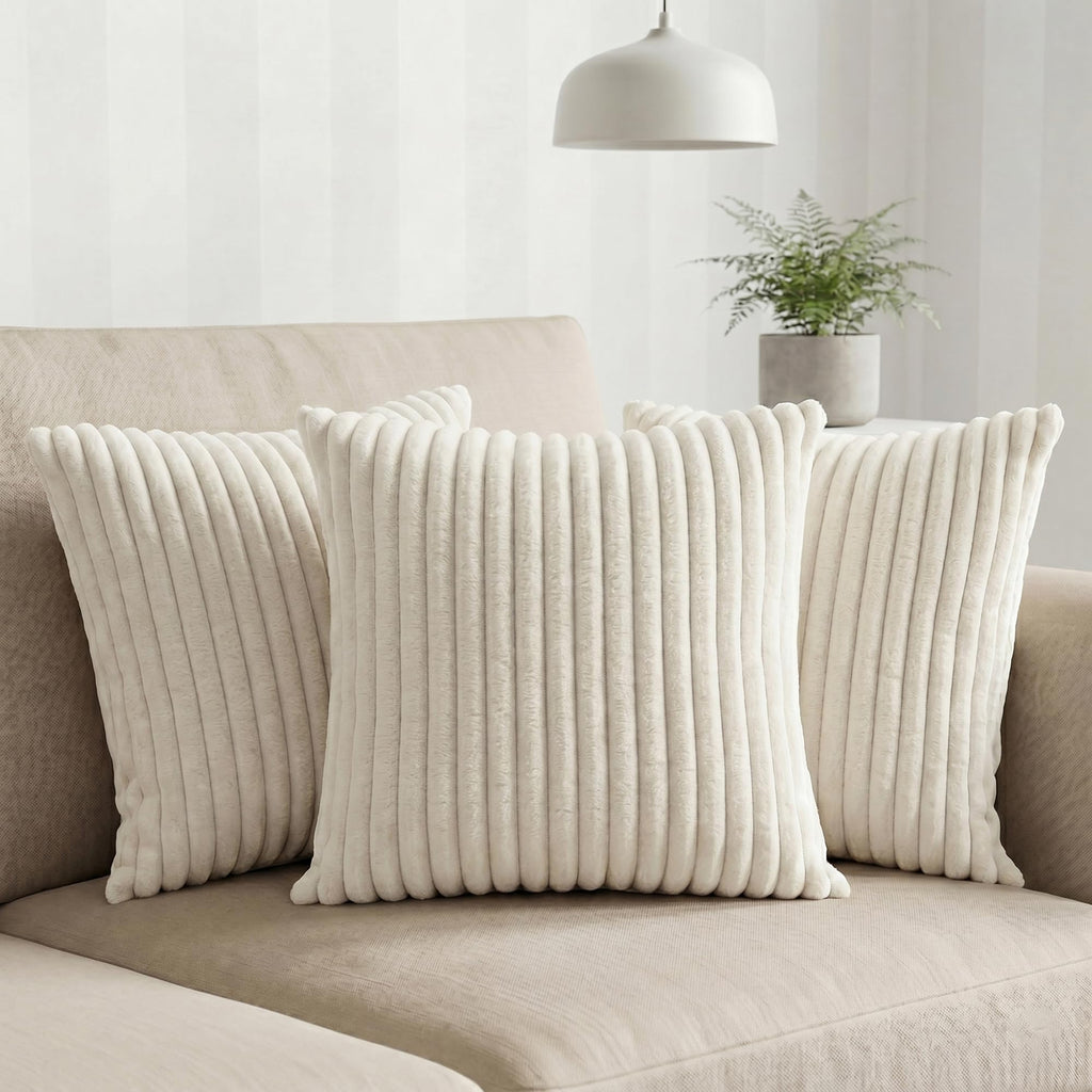 Yellow Weaves Pencil-Stripe Fur Cushion Covers | Soft Polyester | Decorative Sofa & Throw Pillow Covers | 16x16 Inches, Pack of 3 (Ivory)
