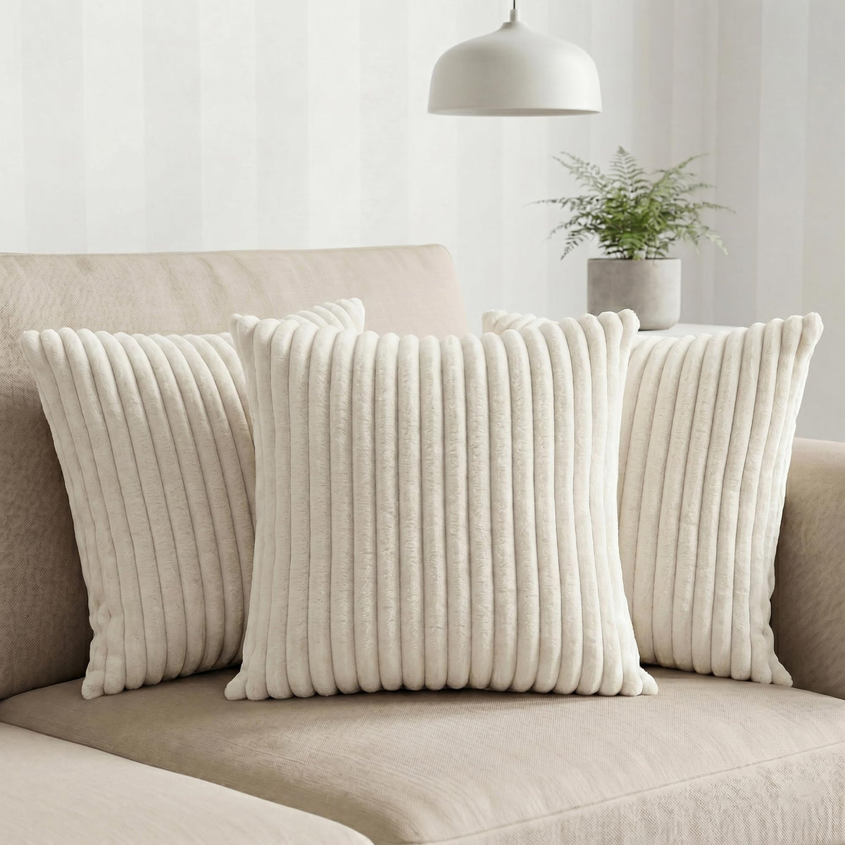 Yellow Weaves Pencil-Stripe Fur Cushion Covers | Soft Polyester | Decorative Sofa & Throw Pillow Covers | 16x16 Inches, Pack of 3 (Ivory)