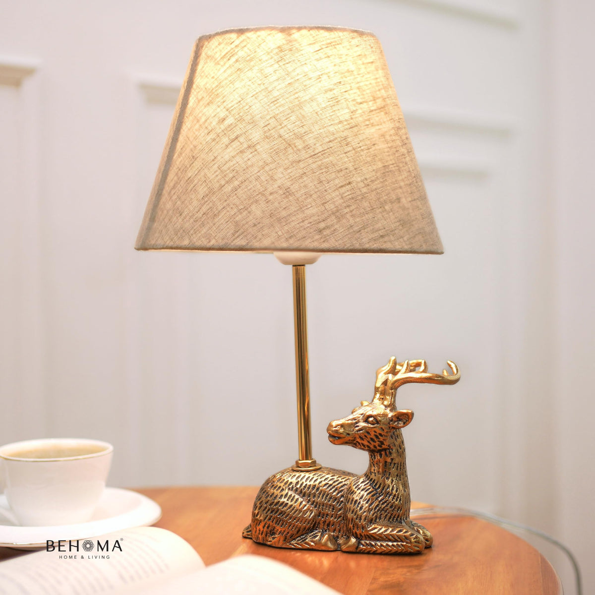 BEHOMA Deer Table Lamp with Antique Metal Base & Fabric Shade