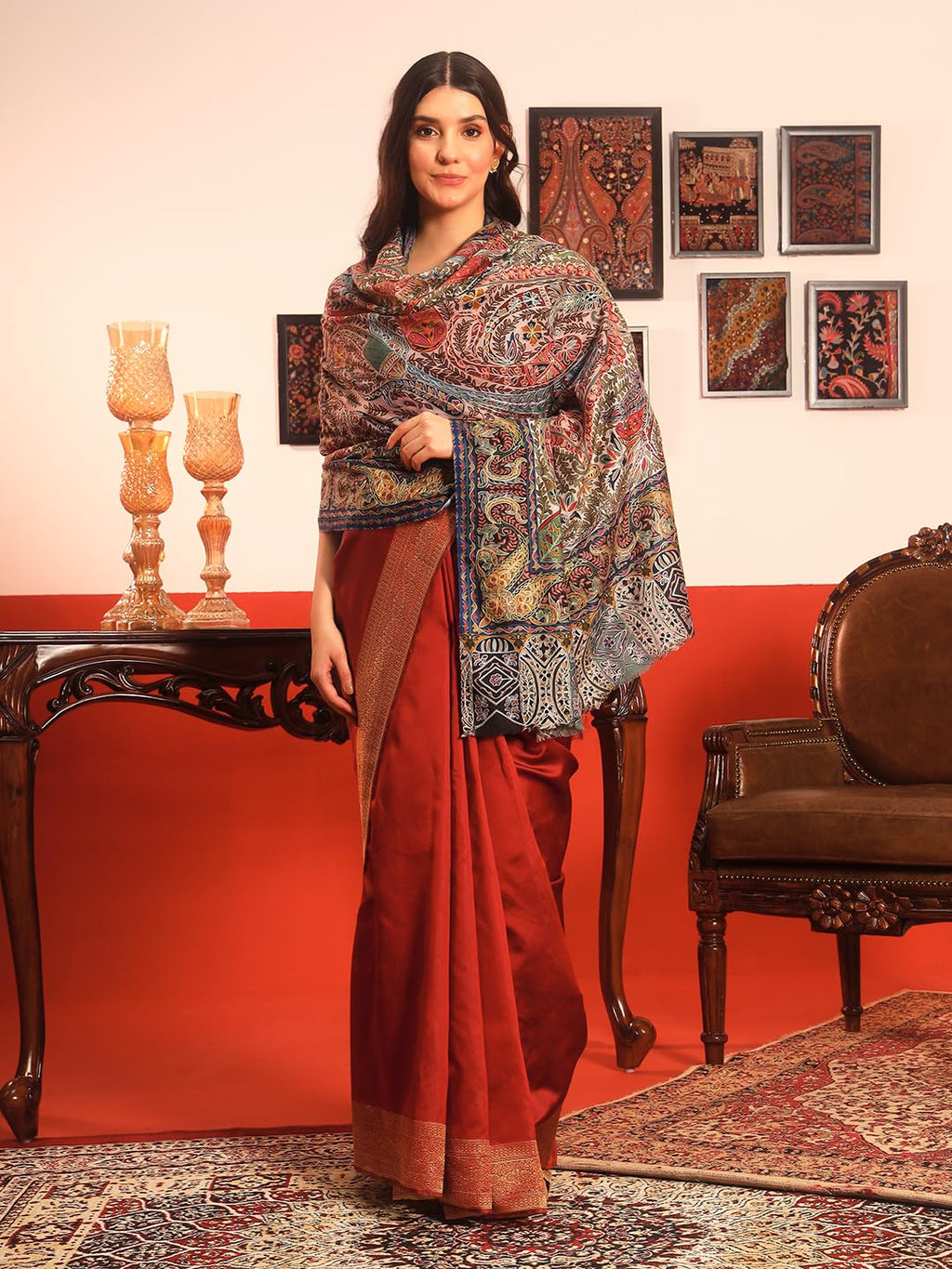 Pashmoda Women Rangmehal Fine Wool Fabric Pashmina Kalamkari Embroidered Shawl (Size: 40x80in, 101x203cm) KAS16