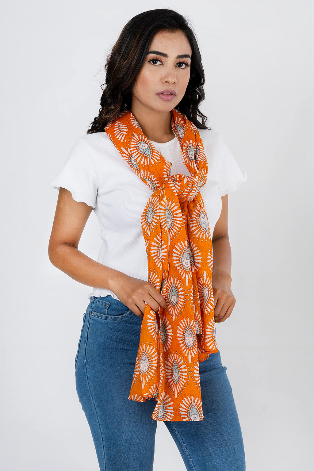 AQVA Printed Cotton Scarf for Women Stylish (Aqva Orange) | Head and Face Cover Scarf for Girls with 100% Cotton | Soft & Lightweight Scarves/Stoles for all Weather (72 x 43 in)