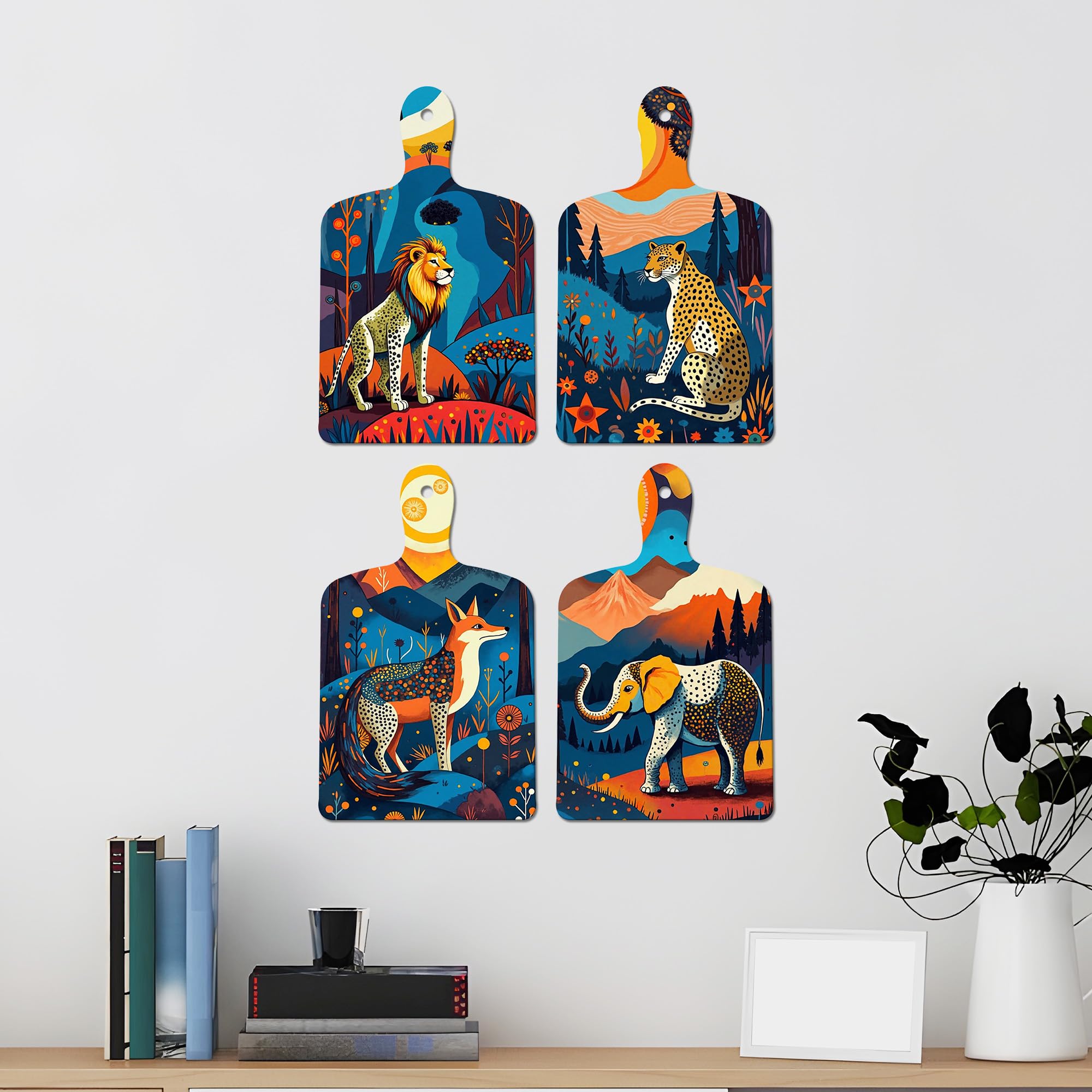 Artvibes Lion, Leopard & Elephant Wildlife Art Decorative Wall Hanging Ornaments | Art For Wall | Door Decoration Items | Aesthetic Wooden Decor | Paintings For Wall | Ideal Gifts (WH_5662N), Set of 4