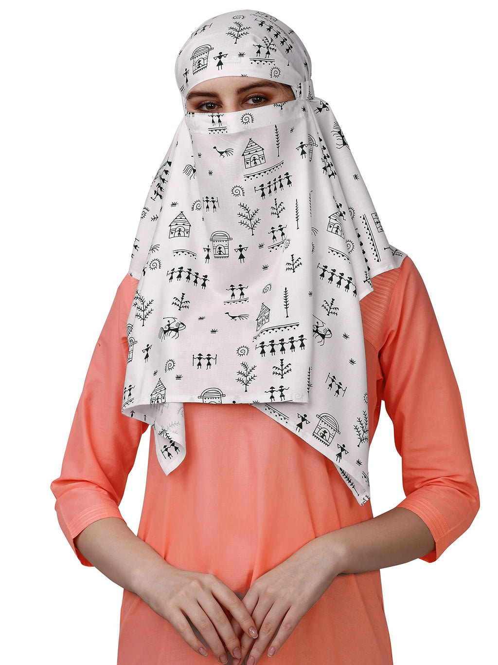7 season's Cotton Short Girls Scarf Cum Mask Scarves Usable For Vehicle Driver | Multi Colour Printed Design (White- S Black Dhingli)