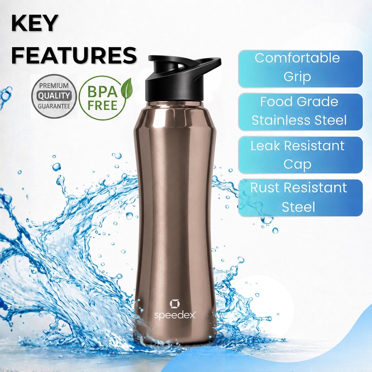 Speedex Stainless Steel Water Bottle 1 Ltr, 1000 ml Metal Bottle For Daily, Office, School, Gym, Travel Use for Men, Women, Kids, Adults-Leak Proof Sipper Cap, BIS Approved, Copper Gold, Set of 2