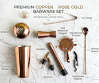 Car-O-Bar Copper Gold Bar Set with Stand | 10 Piece Bartender Kit :Cocktail Shaker, Bar Spoon, Jigger, Muddler, Strainer, Wine & Beer Bottle Opener, 2 Pour Spouts, Tong, Wooden Stand