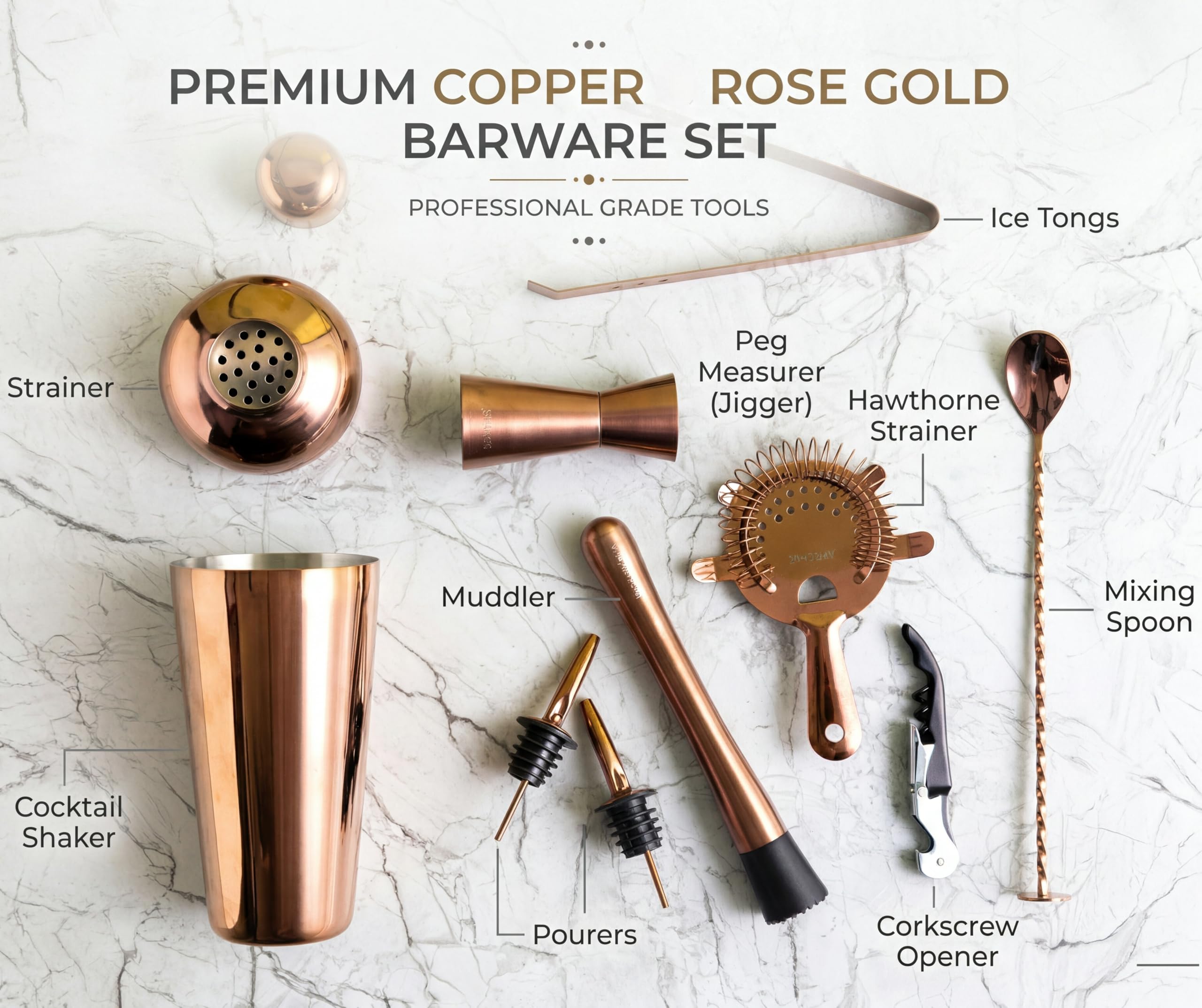 Car-O-Bar Copper Gold Bar Set with Stand | 10 Piece Bartender Kit :Cocktail Shaker, Bar Spoon, Jigger, Muddler, Strainer, Wine & Beer Bottle Opener, 2 Pour Spouts, Tong, Wooden Stand