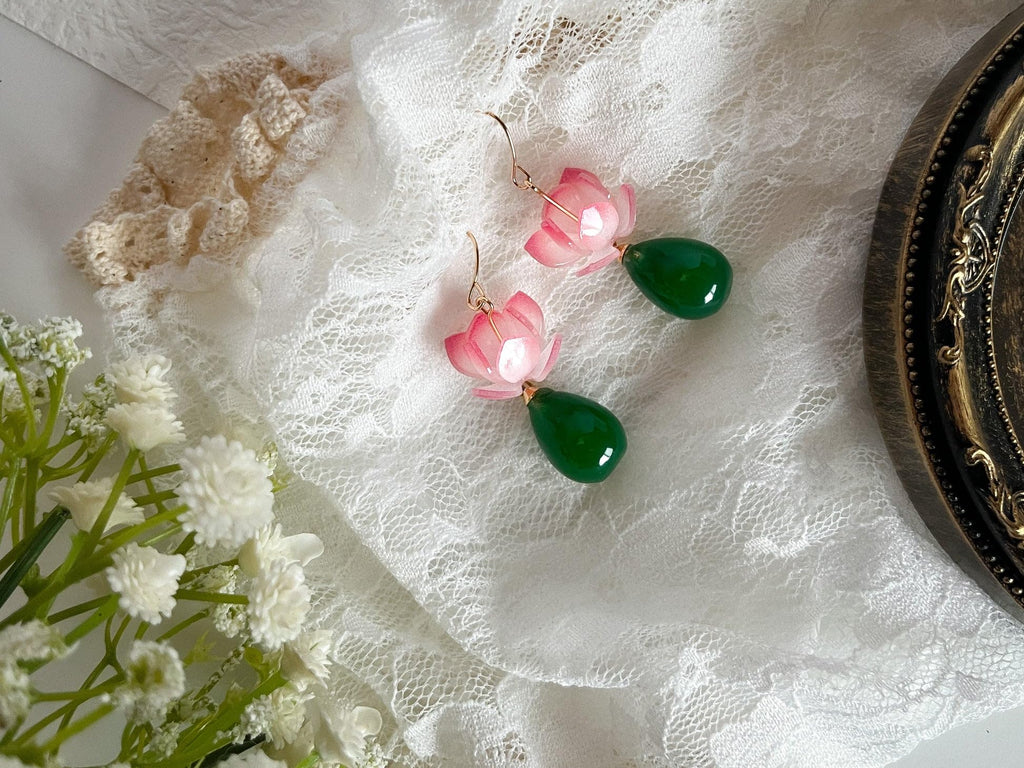 El Regalo Handmade Lotus Flower Dangle Earrings for Women & Girls | Elegant Pink Bloom & Green Teardrop Bead Drop Earrings | Nature-Inspired Traditional Boho Floral Fashion Jewellery Gift