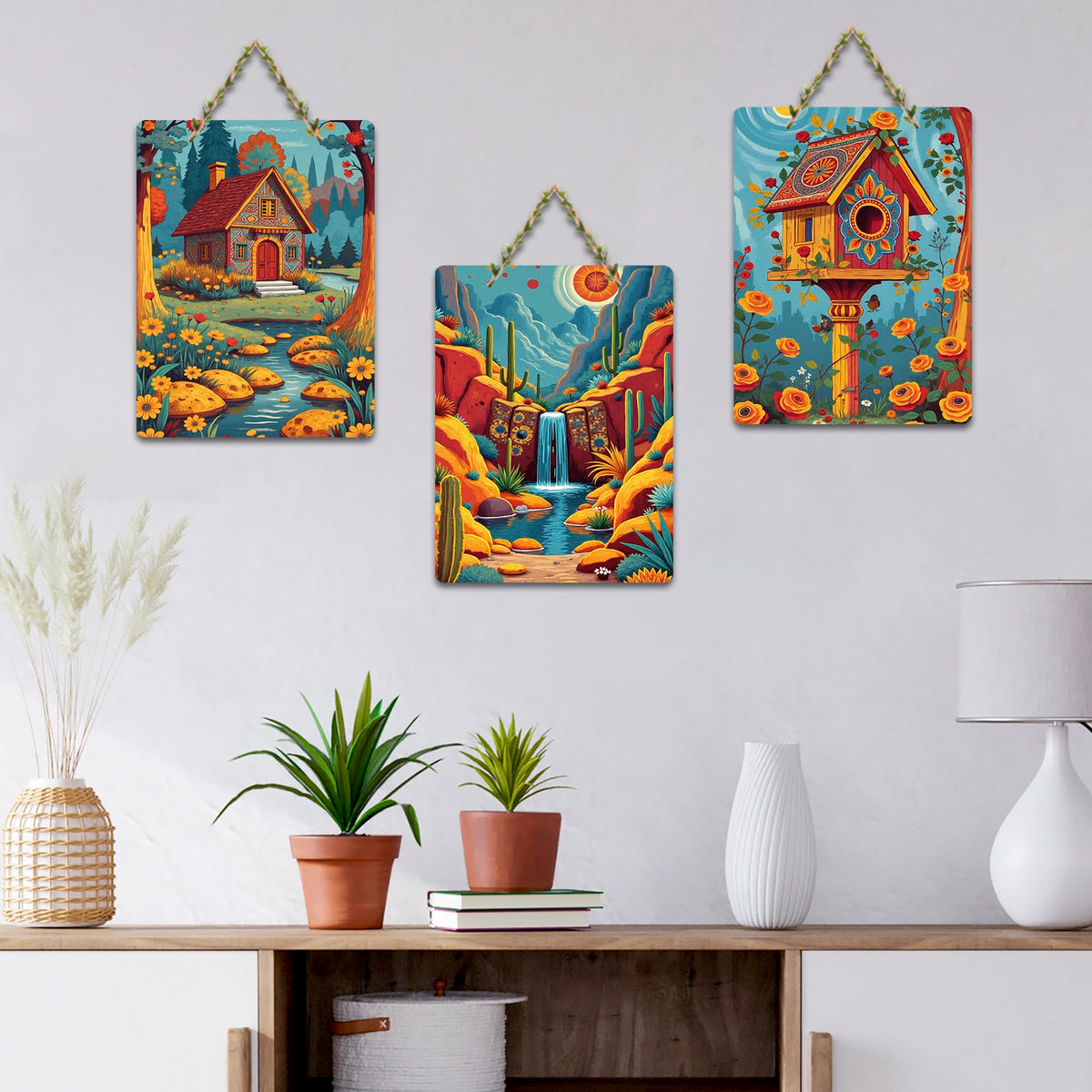 Artvibes Beautiful Waterfall Cottage & Floral Birdhouse Nature Inspired Decorative MDF Wooden Wall Art for Home | Home Decor | Wall Accent | Artwork | Wall Art Print | Gift Items (WH_9661NN), Set of 3