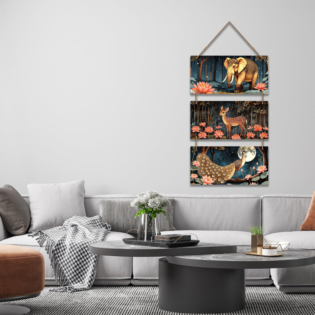 Artvibes Elephant Deer And Peacock Aesthetic Modern Art Decorative Wall Art MDF Wooden Wall Hanger for Living Room | Door Decoration Items | Artwork | Wall Illustrations | Ideal Gifts (WH_9456N)