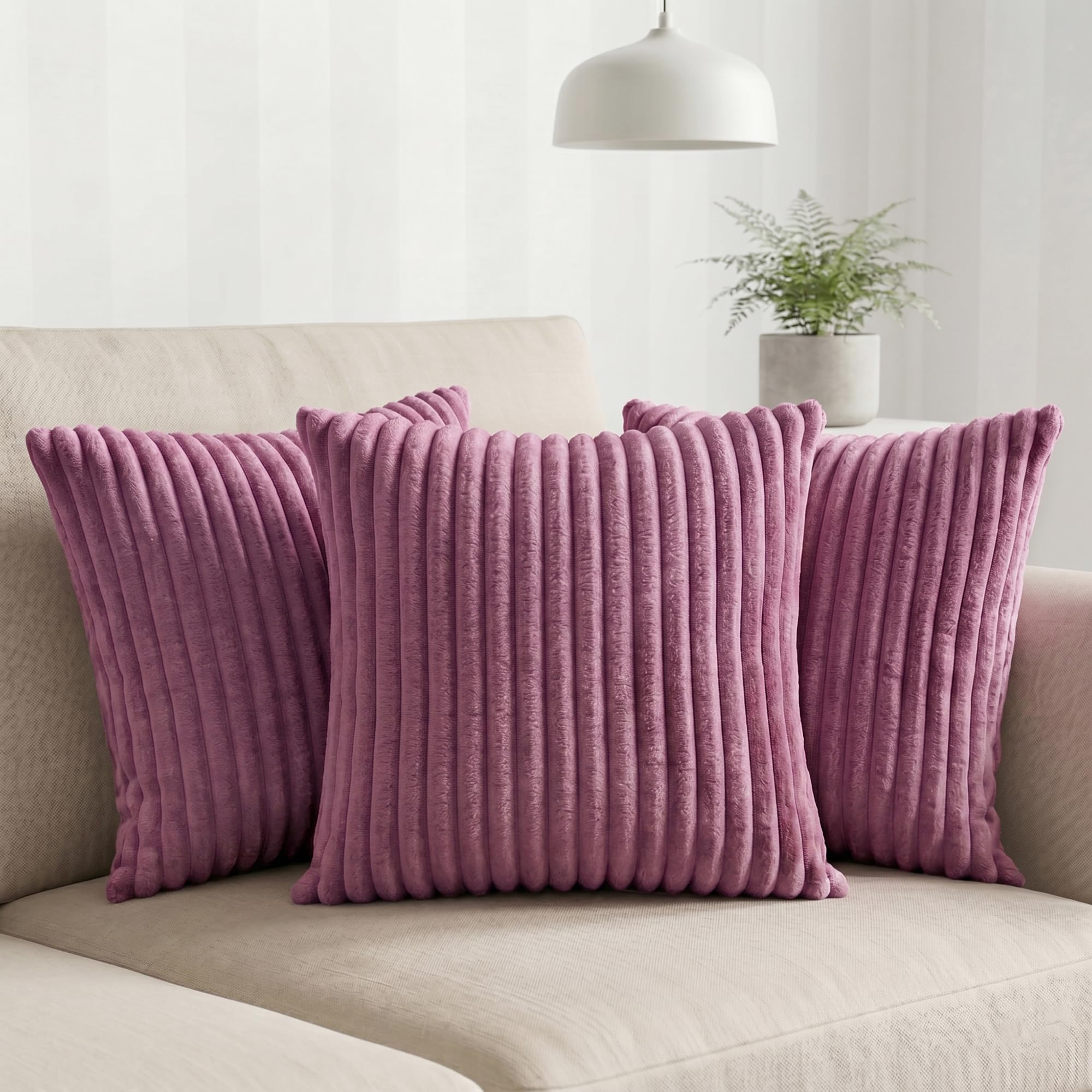 Yellow Weaves Pencil-Stripe Fur Cushion Covers | Soft Polyester | Decorative Sofa & Throw Pillow Covers | 16x16 Inches, Pack of 3 (Purple)