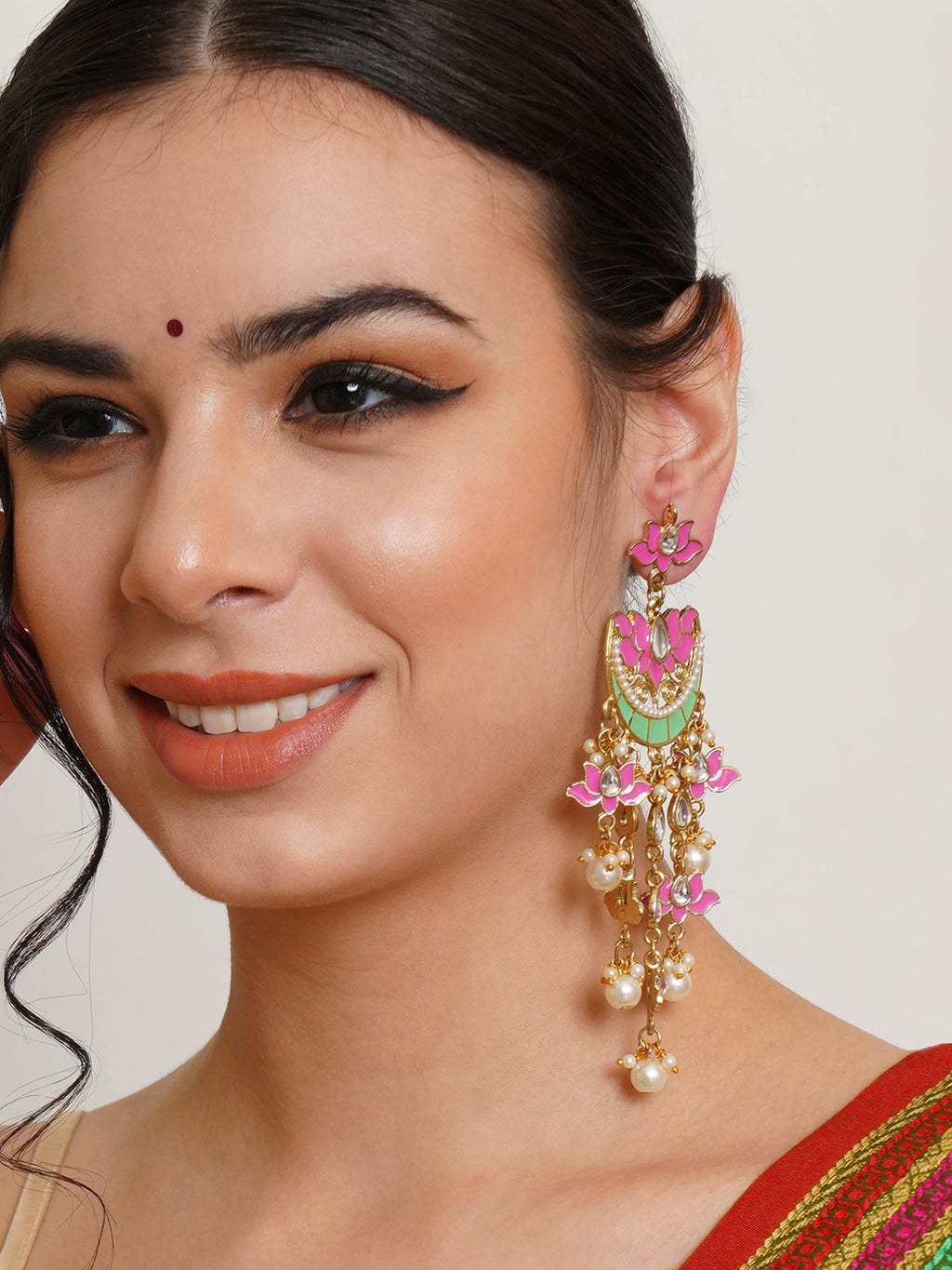 Karatcart Gold Plated Pink Meena Lotus Design Kundan Dangler Earrings for Women (color may slightly vary due to photographic effect)