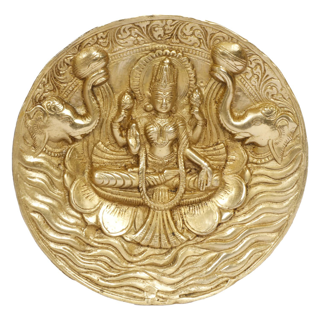 ARTVARKO Goddess Lakshmi Carved Brass Gajalakshmi Laxmi Devi with Elephant Idol Entrance Door Wall Decor for Home Office Gift 7.5 Inch.