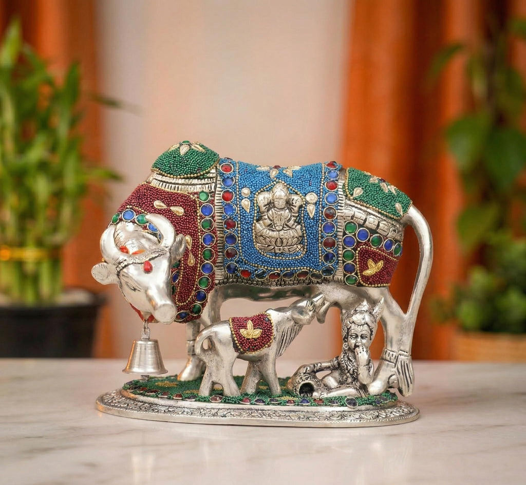 KridayKraft Gold Plated Kamdhenu Cow with Calf Metal Statue for Good Luck Feng Shui & Vastu Showpiece Religious Idol Fingures for Home and Office Table Decor