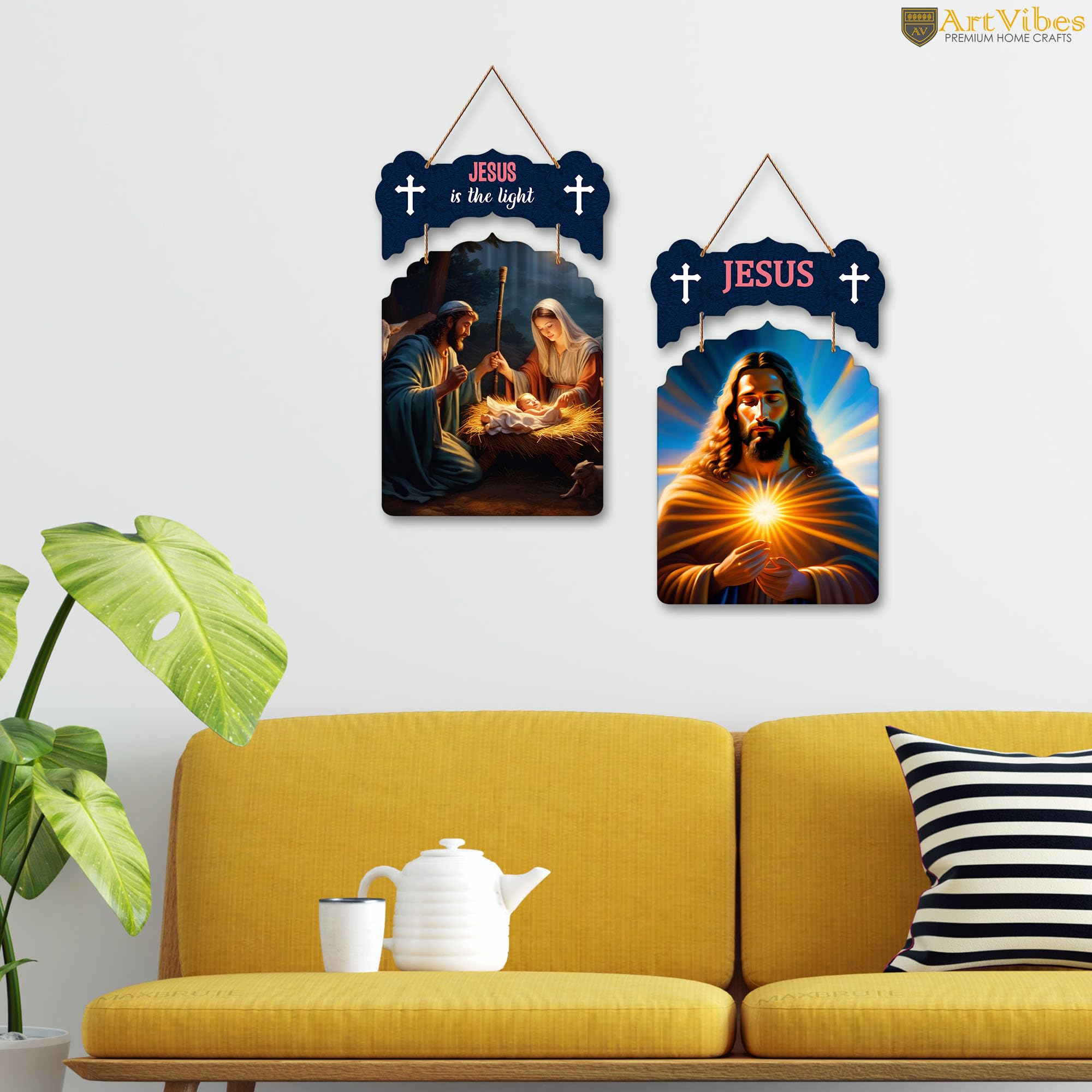 Artvibes Jesus Christ Designer Wooden Wall Hanging Decoration Items for Living Room | Spiritual Decor Items | Religious Wall Art | Wall Poster | Modern Decor Items | Unique Gift (WH_9215N), Set of 2