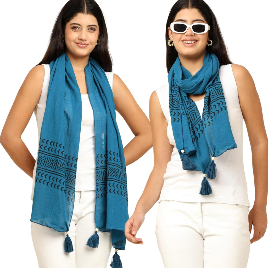 KE KANHA EXPORTS Stole for Women | Cotton Scarf for Women Stylish Boho Block Print Border with Tassels | Soft Lightweight Summer Beach Head Wrap | 180 x 50 cm