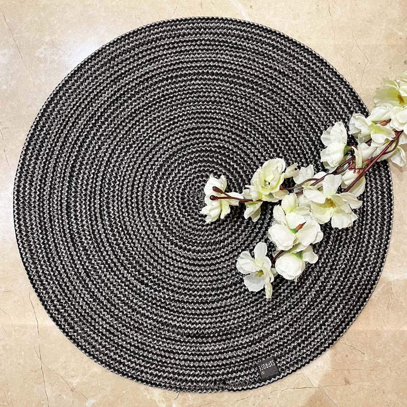 SAPROSE® Polypropylene Multipurpose Braided Round Table Mat (2 PCS Pack, 40 cm), Dinning Place mats, Side Table Mat, Doilies, Machine Washable Large Mat (15.5 Dia, Black-Silver Melange) Kafalo