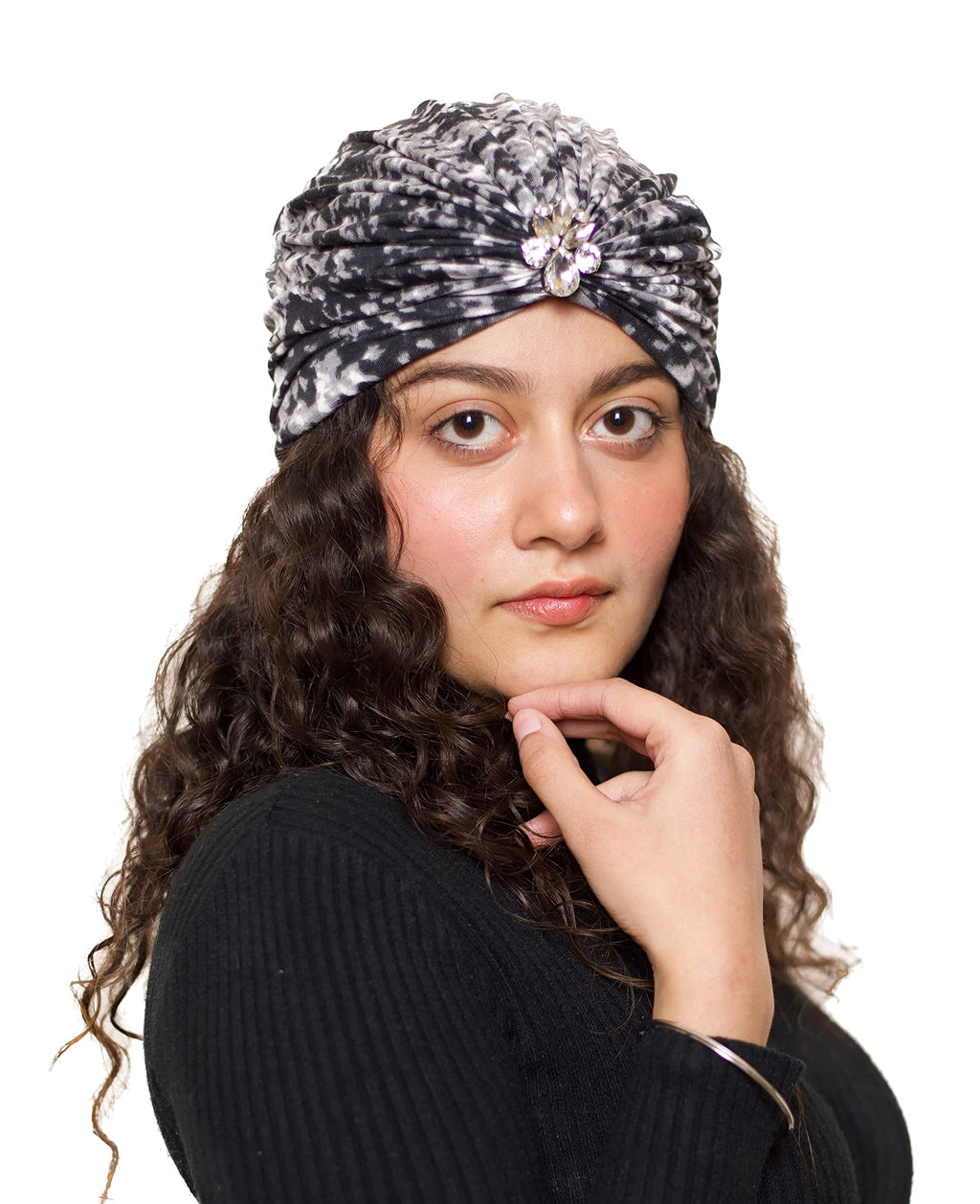 The Headscarves Beautiful Printed Bamboo Viscose Headscarf with Brooch – Stylish Chemo Headwear for Women, Hijab Head Wrap, Cancer Turban Scarf, Breathable Head Cover for Hair Loss Grey
