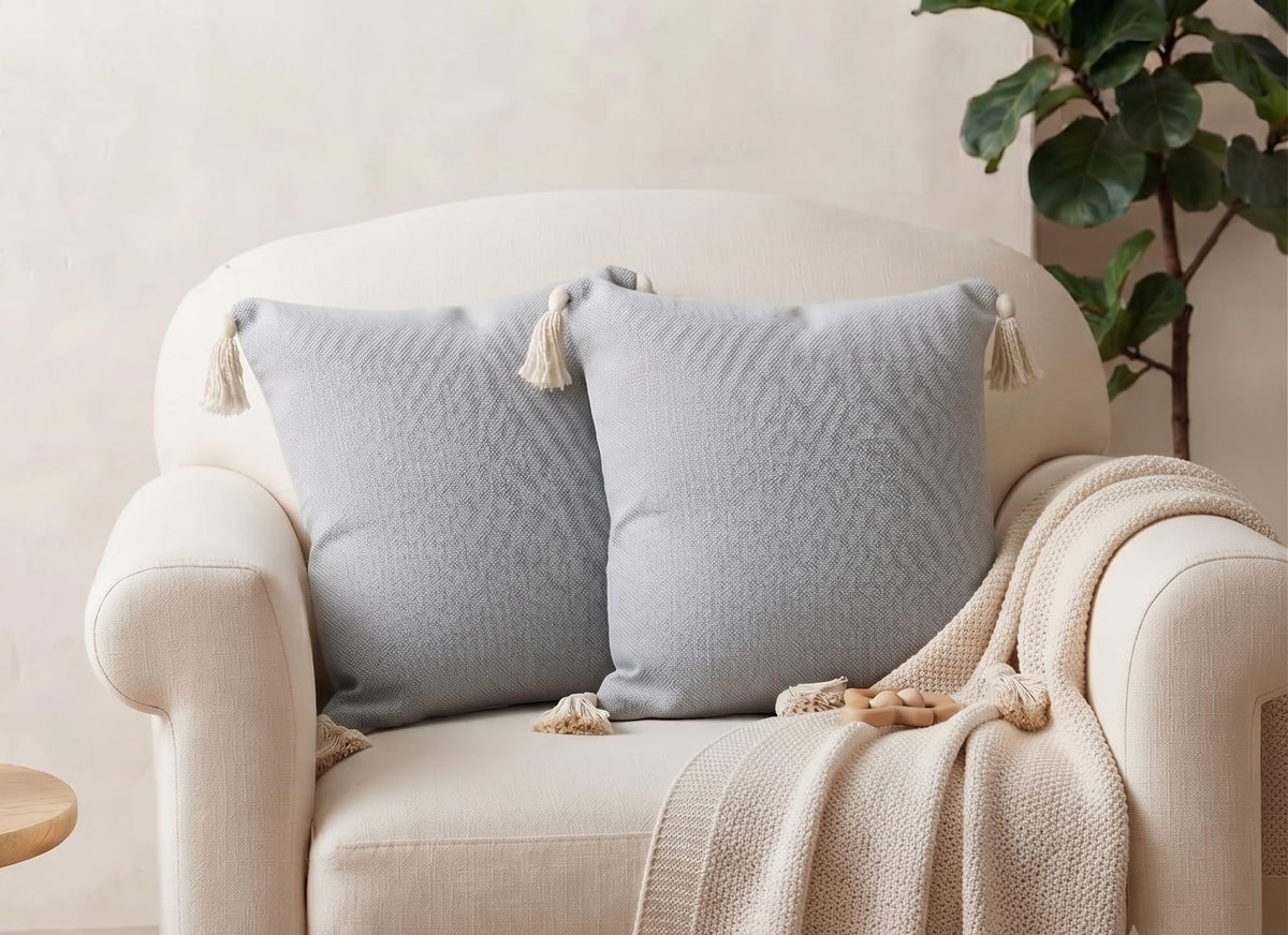 Furnistitchs Solid Boho Cushion Cover 16x16 Inches, Premium Natural Slub Fabric Throw Pillow Case with Tassels for Sofa, Couch, Living Room & Bedroom 40x40 cms, 1 pc - Ethereal Blue