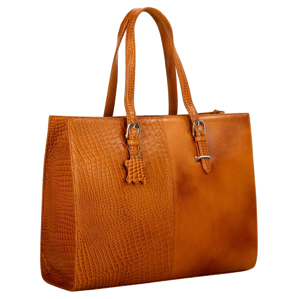 RICHSIGN LEATHER ACCESSORIES Full-Grain Natural Cro Leather Ladies Handbags & Sling Shoulder Tote Bags For Women Laptop Big Size Branded Stylish..Size- L-16 X H-12.5 x W- 5.5 Inches (TAN)