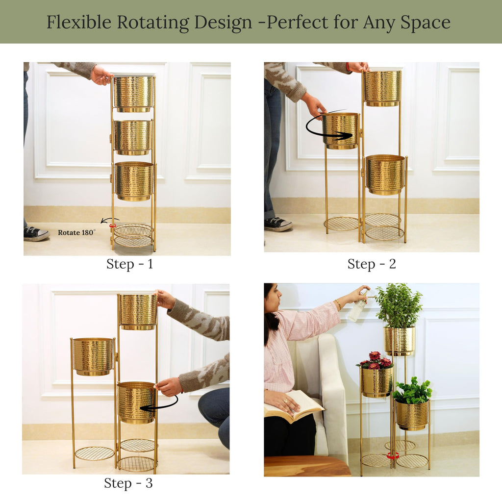 BEHOMA Gold Metal 3-Tier Floor Planters with Stand, Living Room
