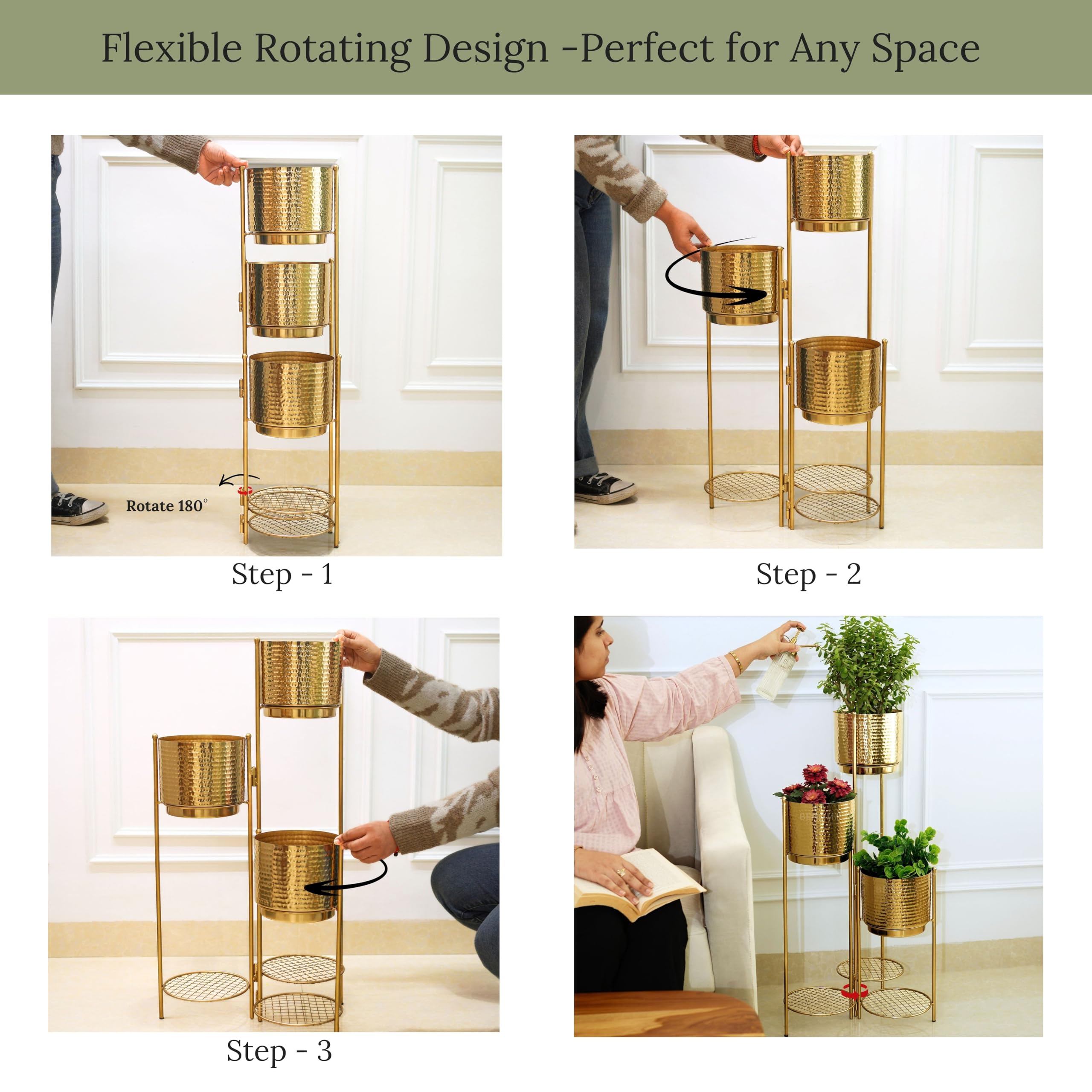 BEHOMA Gold Metal 3-Tier Floor Planters with Stand, Living Room