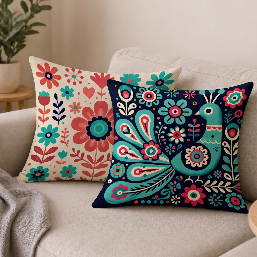 STITCHNEST Folk Art Satin Cushion Covers Peacock & Botanical Motif, 16x16 Inches, Decorative Set for Living Room (Pack of 2)