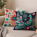 STITCHNEST Folk Art Satin Cushion Covers Peacock & Botanical Motif, 16x16 Inches, Decorative Set for Living Room (Pack of 2)
