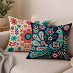 STITCHNEST Folk Art Satin Cushion Covers Peacock & Botanical Motif, 16x16 Inches, Decorative Set for Living Room (Pack of 2)