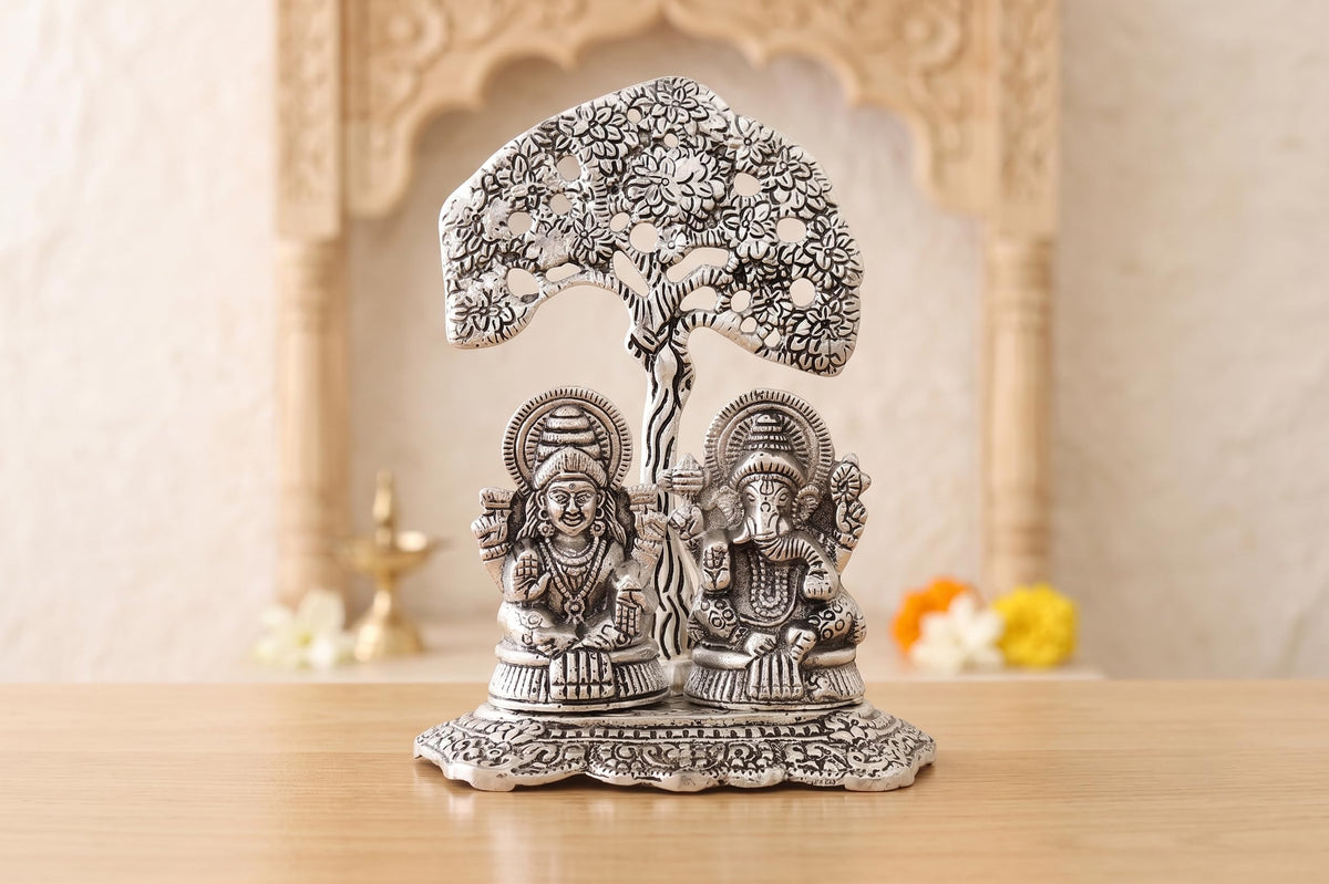 KridayKraft Silver Plated Laxmi Ganesha Tree Idol | Oxidized Finish Lord Ganesha & Goddess Lakshmi Tree Showpiece for Home Decor, Puja, Spiritual Growth, Office Desk, & Diwali Gifting.